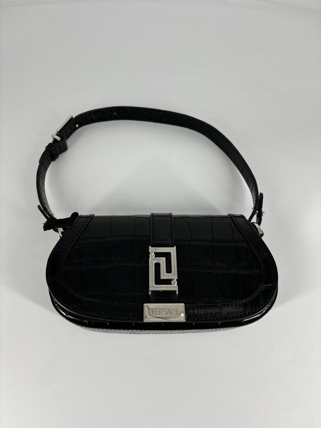 Versace Greca Goddess Mini Croc-Embossed Shoulder Bag Black