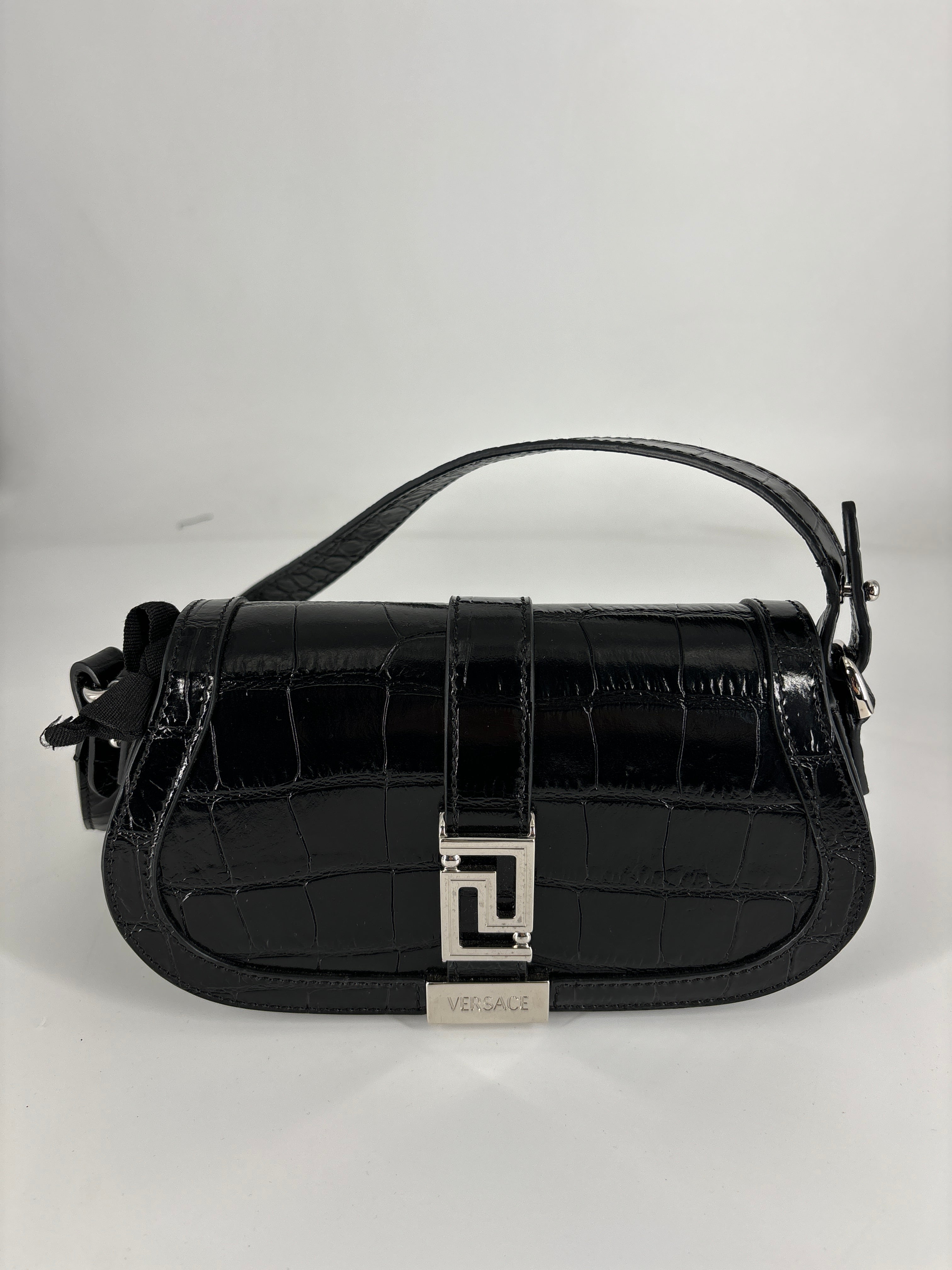 Versace Greca Goddess Mini Croc-Embossed Shoulder Bag Black