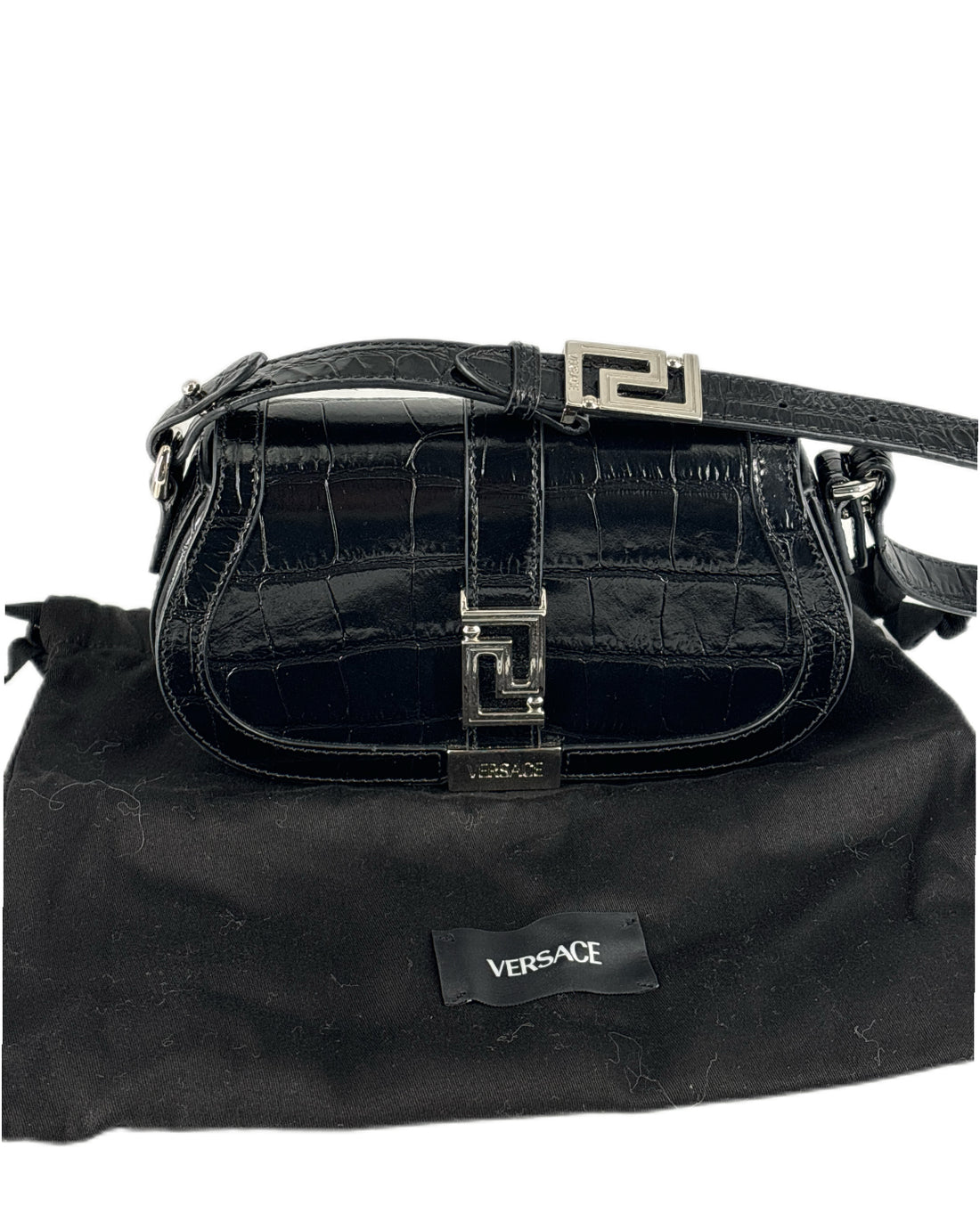 Versace Greca Goddess Mini Croc-Embossed Shoulder Bag Black