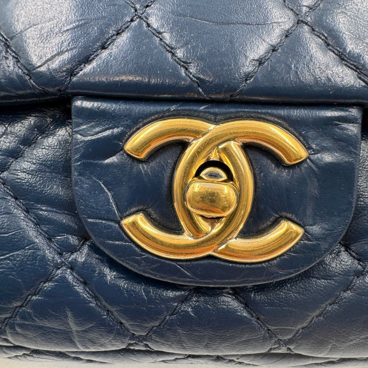 Chanel Crumpled Grained Calfskin Quilted Large Two Tone Flap Bag Blue