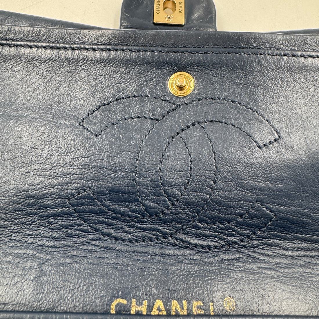 Chanel Crumpled Grained Calfskin Quilted Large Two Tone Flap Bag Blue