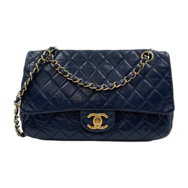 Chanel Crumpled Grained Calfskin Quilted Large Two Tone Flap Bag Blue