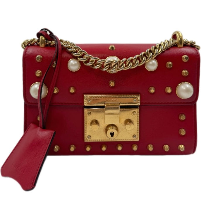 Gucci Red Pearl Padlock Shoulder Bag Studded Leather