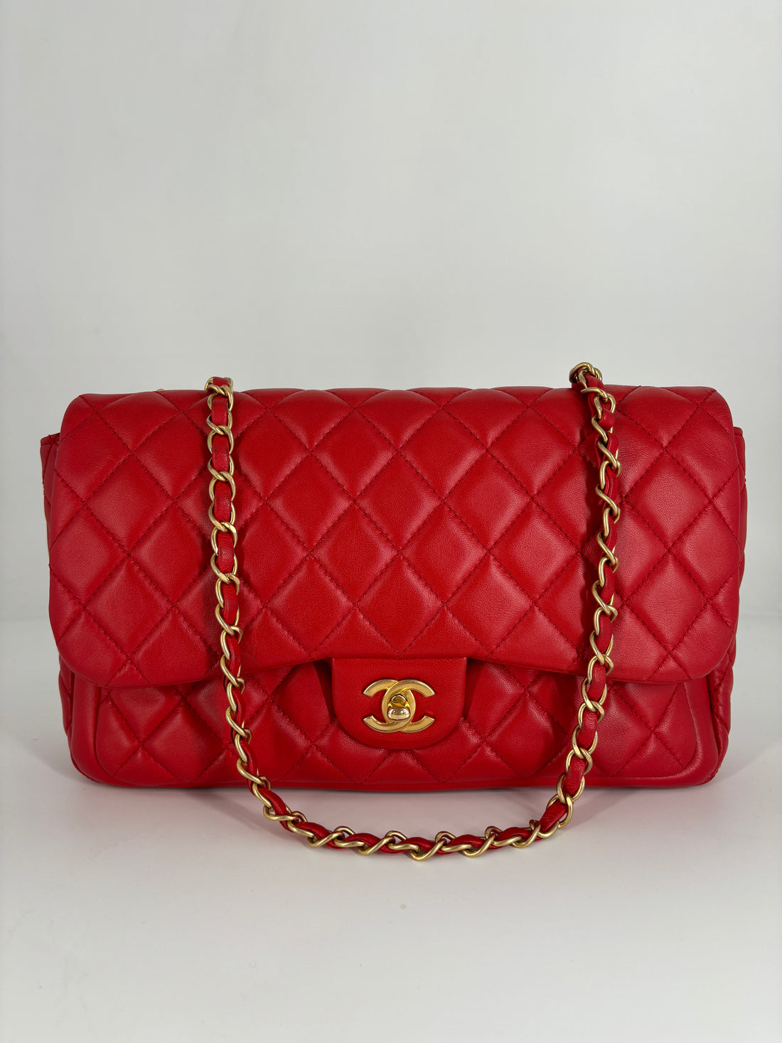Chanel Lambskin Quilted Single Flap with Double Pocket Red