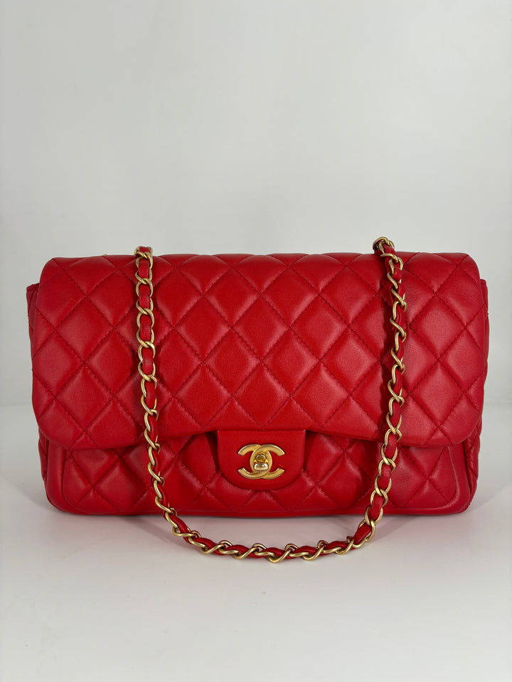 Chanel Lambskin Quilted Single Flap with Double Pocket Red