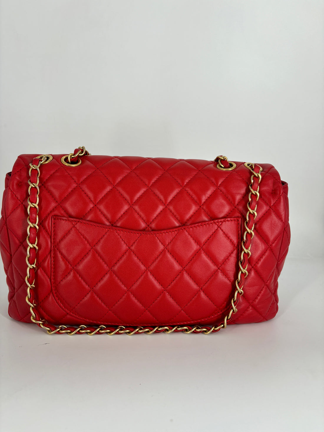 Chanel Lambskin Quilted Single Flap with Double Pocket Red