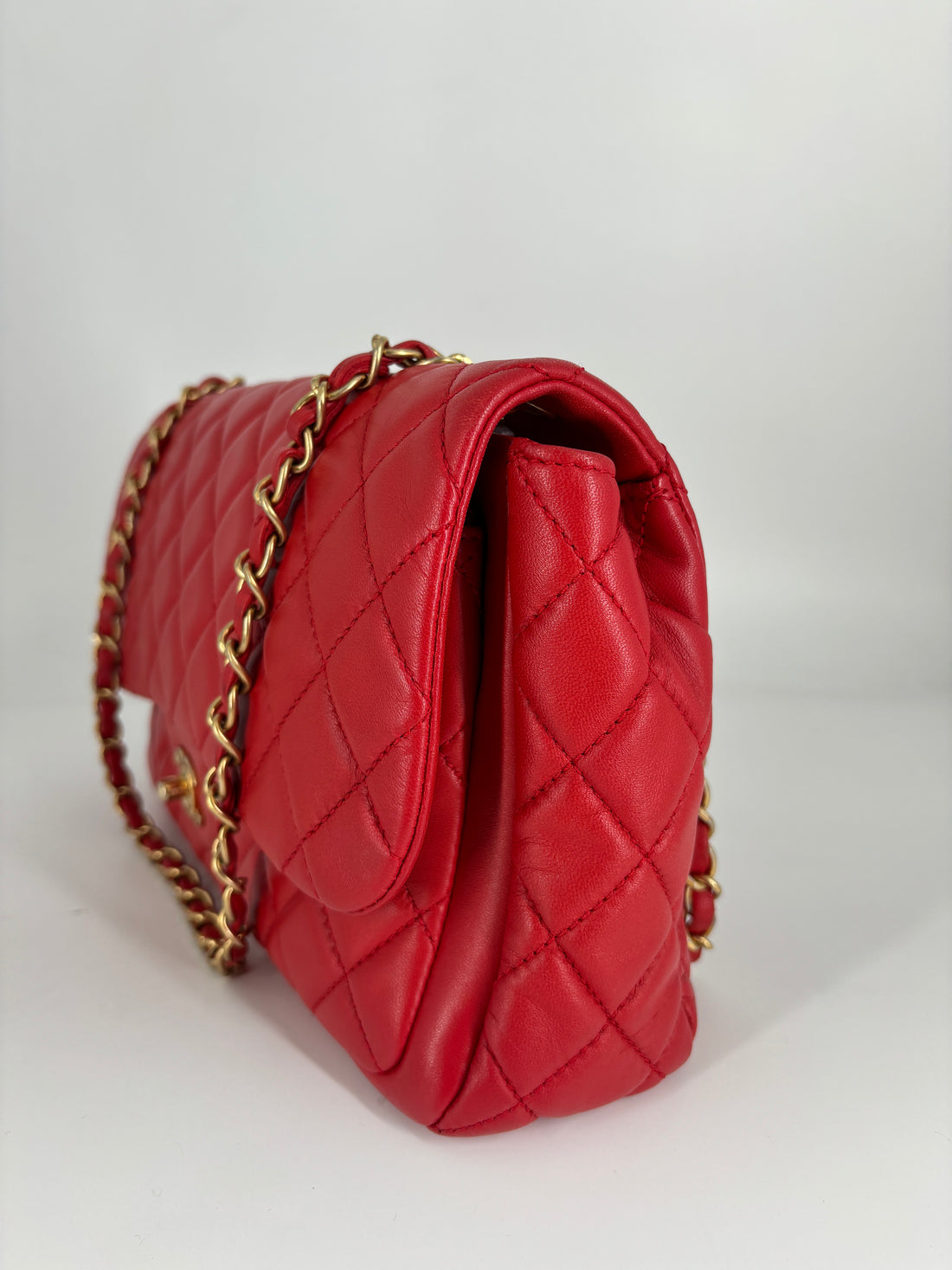 Chanel Lambskin Quilted Single Flap with Double Pocket Red