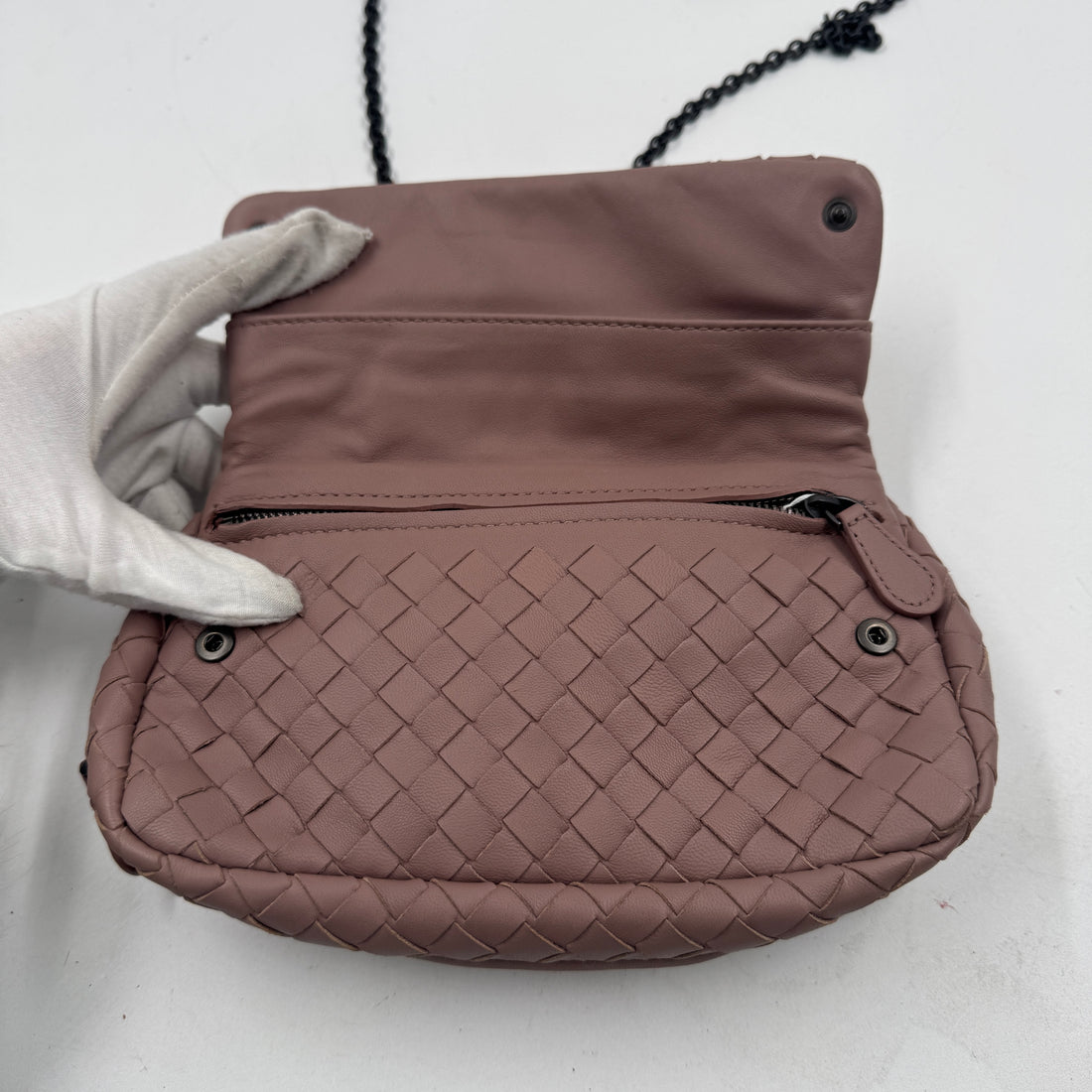 Bottega Veneta Nappa Intrescciato Small Chain Crossbody Dusty Rose