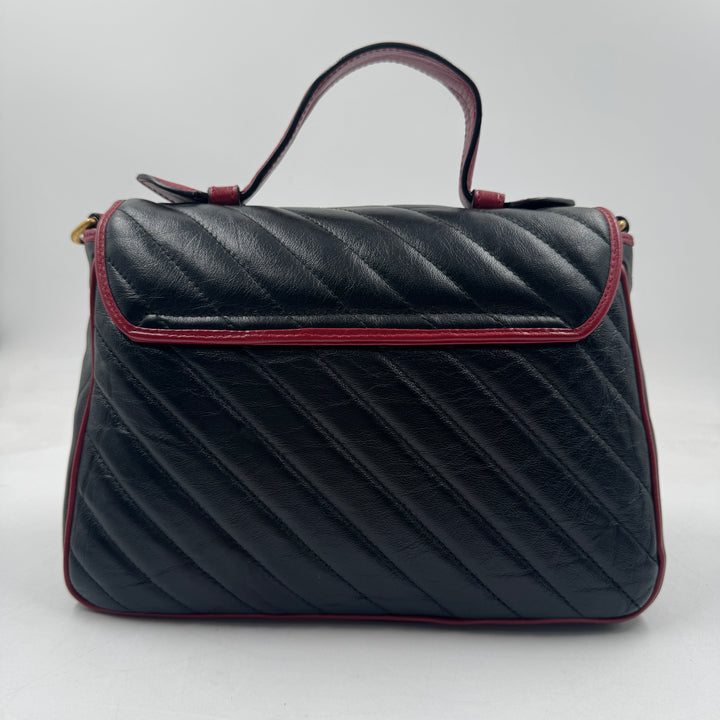 GUCCI  Vintage Effect Calfskin Matelasse Diagonal Small Torchon GG Marmont Top Handle Shoulder Bag Black Romantic Cherry