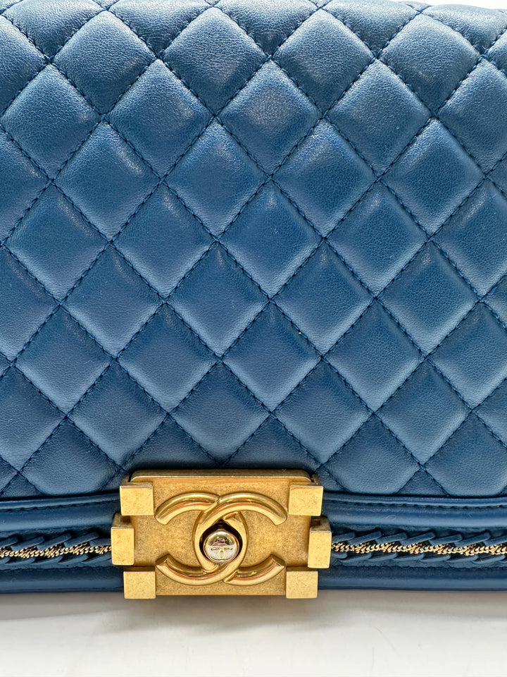 Chanel Quilted Lambskin Medium Boy 28 Matelesse Blue Gold (23***83) CC412
