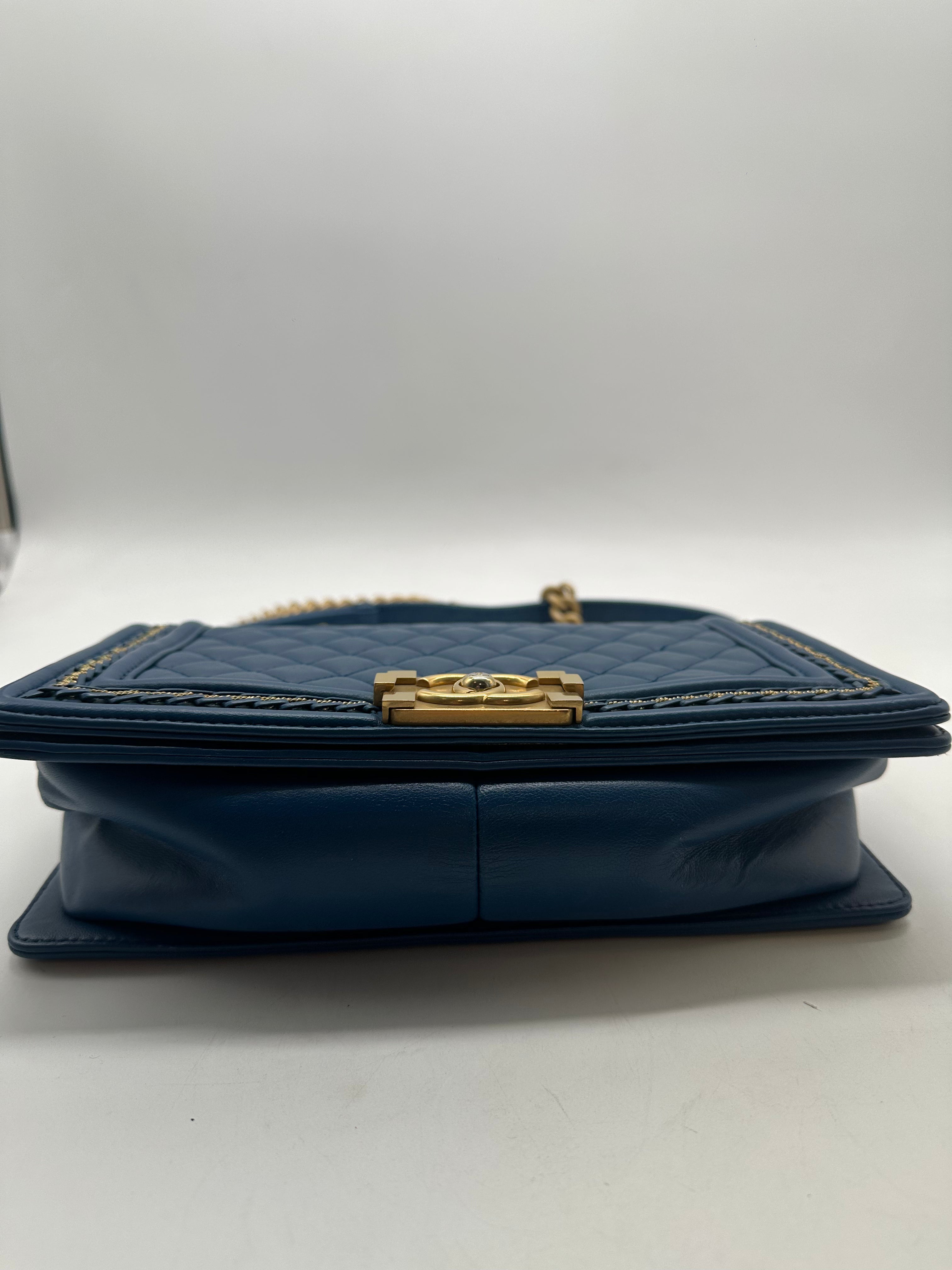 Chanel Quilted Lambskin Medium Boy 28 Matelesse Blue Gold (23***83) CC412