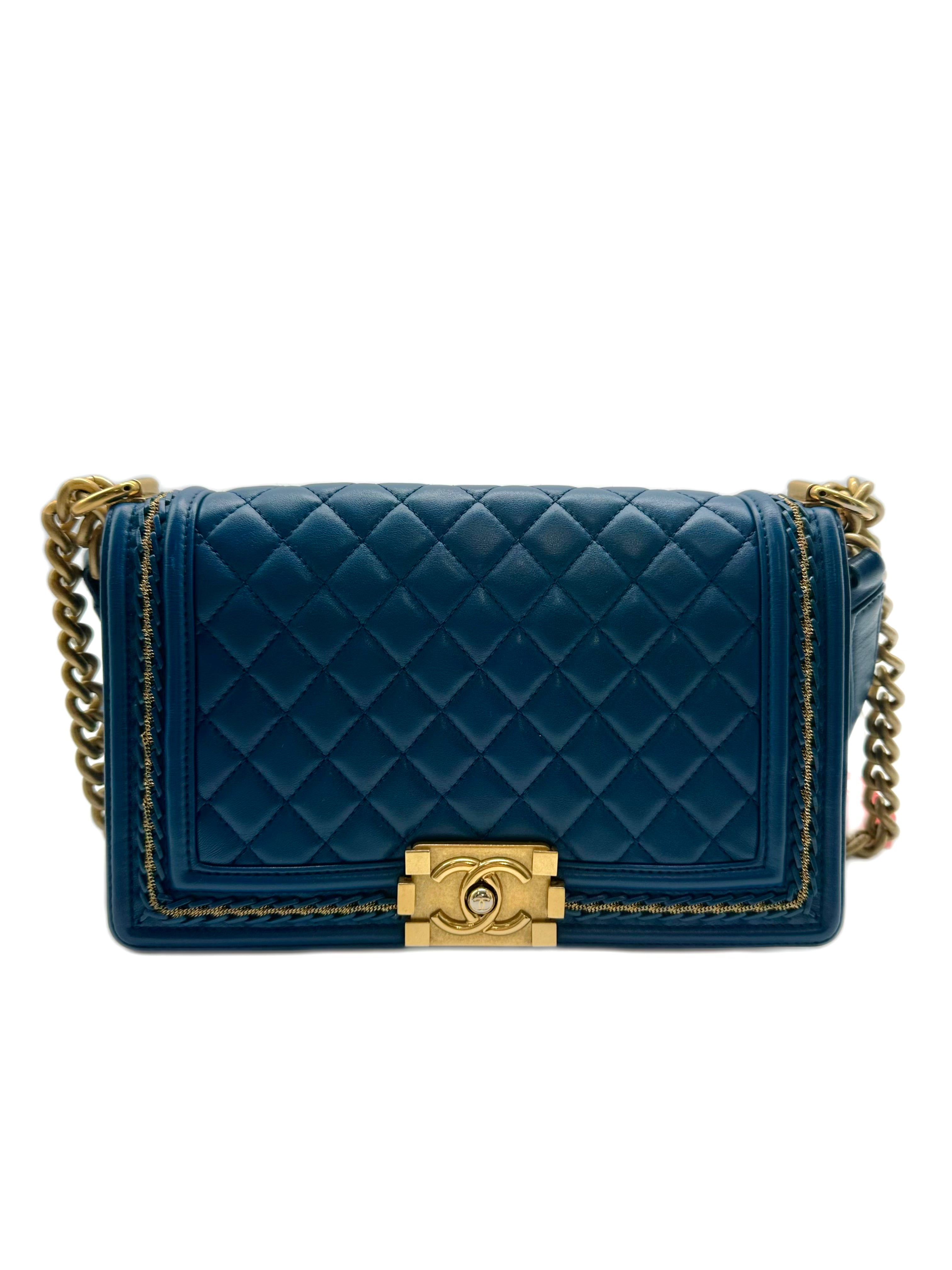 Chanel Quilted Lambskin Medium Boy 28 Matelesse Blue Gold (23***83) CC412