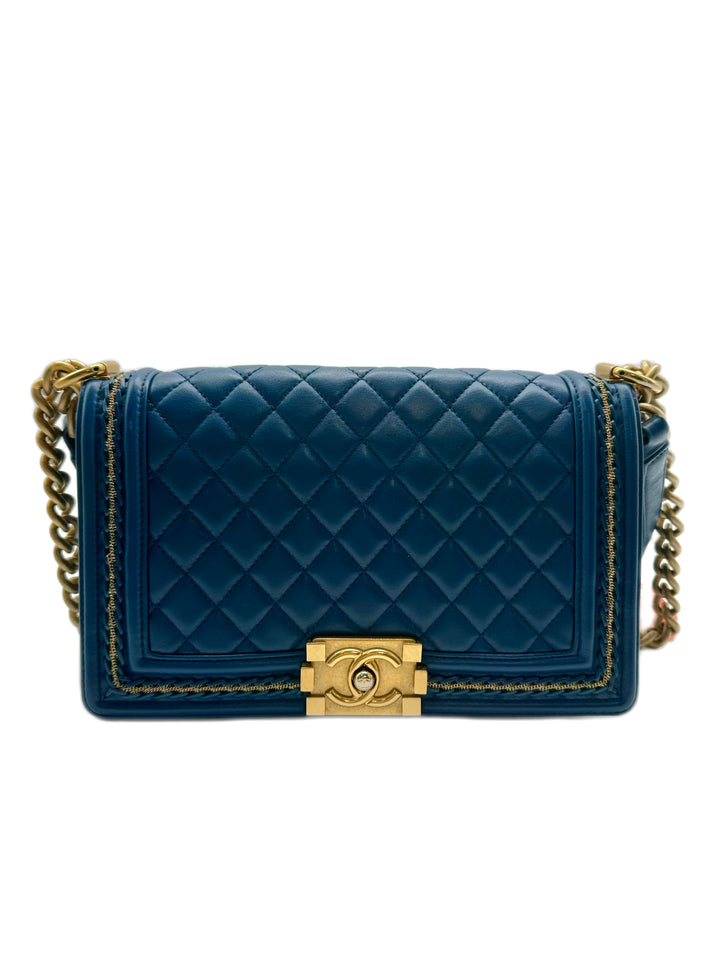 Chanel Quilted Lambskin Medium Boy 28 Matelesse Blue Gold (23***83) CC412