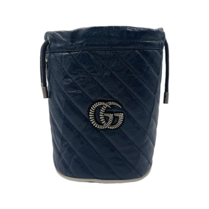 Gucci Vintage Effect Calfskin Matelasse Diagonal mini Torchon GG Marmont 2.0 Bucket bag Blue Agata Mystic White