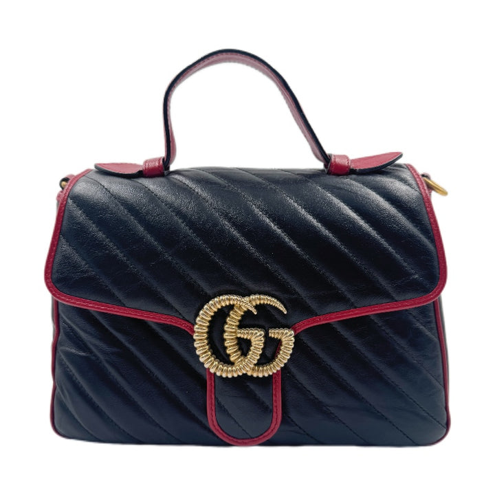 GUCCI  Vintage Effect Calfskin Matelasse Diagonal Small Torchon GG Marmont Top Handle Shoulder Bag Black Romantic Cherry