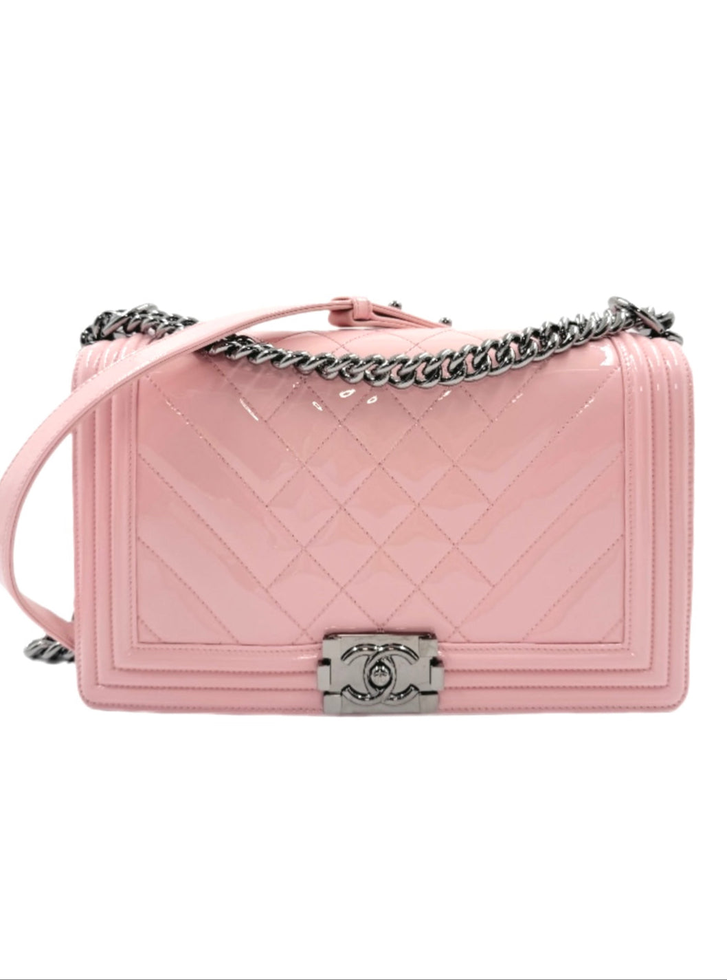 Chanel Patent Chevron New Medium Boy Light Pink