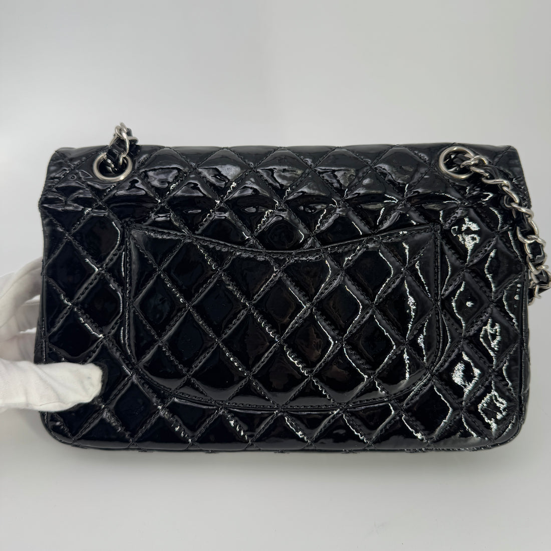 CHANEL  Patent Quilted Medium Double Flap Black