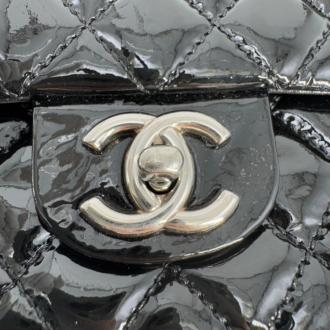 CHANEL  Patent Quilted Medium Double Flap Black
