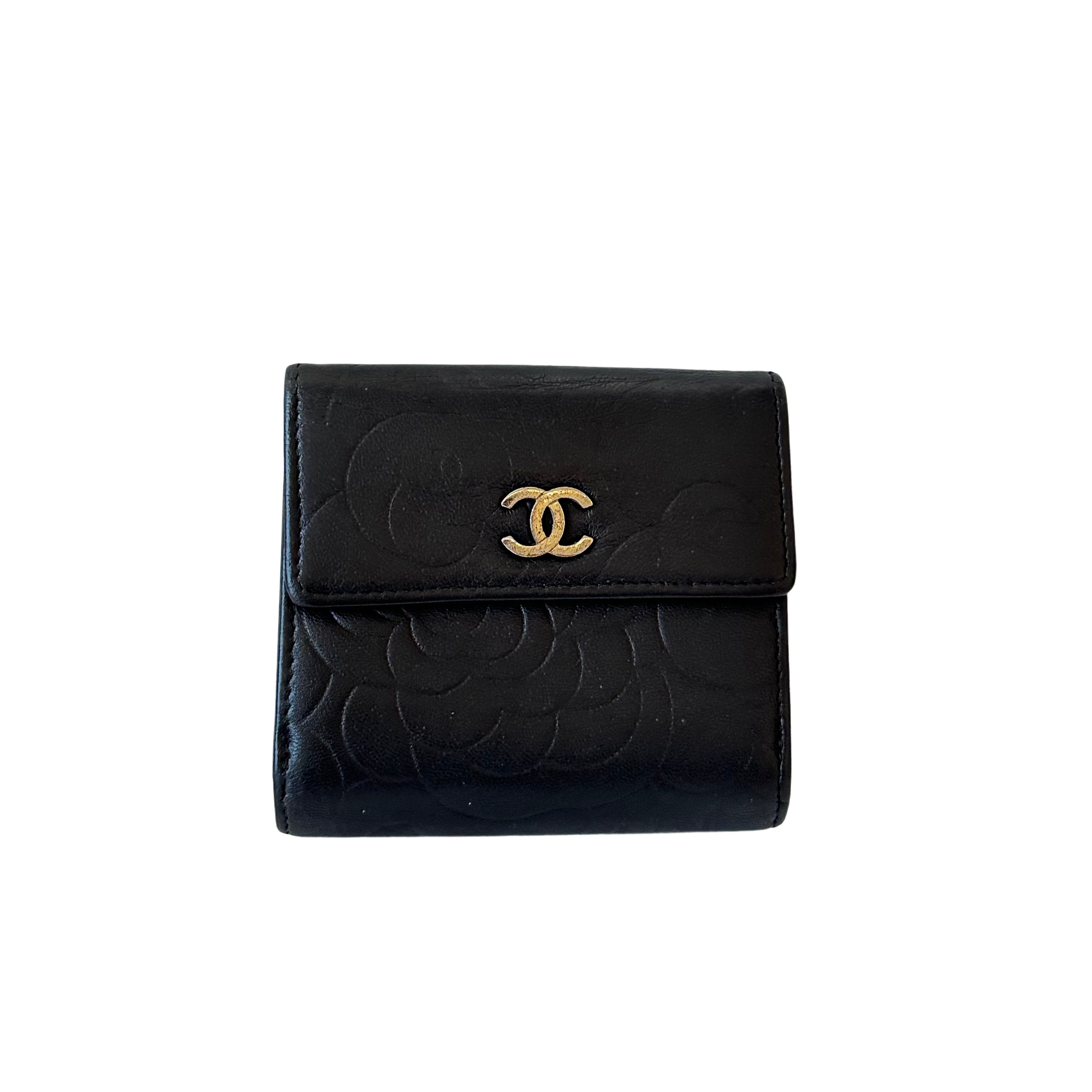 Chanel Lambskin Camellia Embossed French Wallet Black
