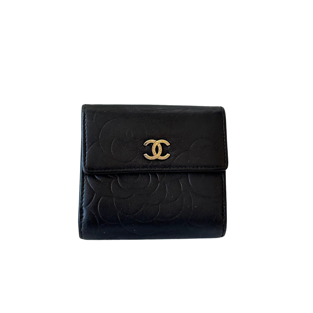 Chanel Lambskin Camellia Embossed French Wallet Black