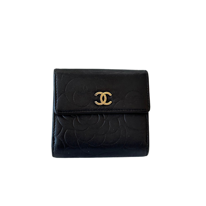 Chanel Lambskin Camellia Embossed French Wallet Black