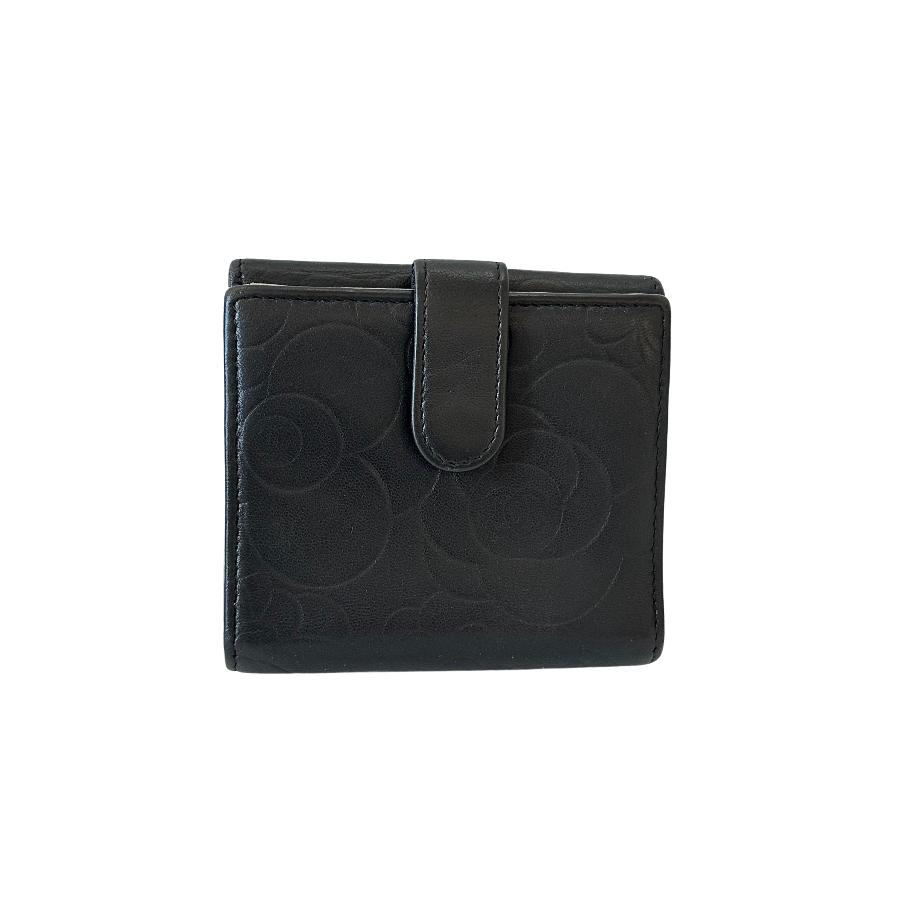 Chanel Lambskin Camellia Embossed French Wallet Black