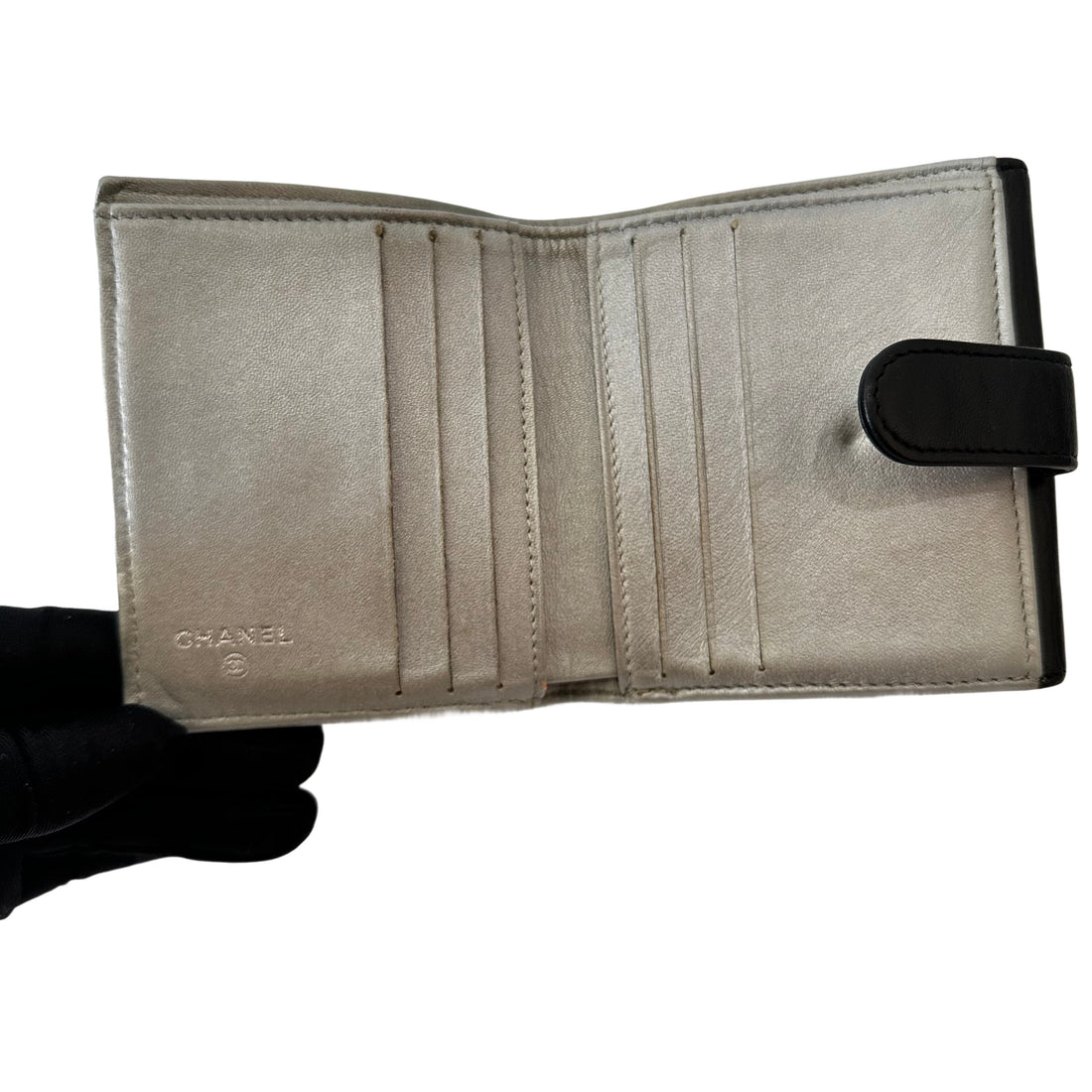 Chanel Lambskin Camellia Embossed French Wallet Black