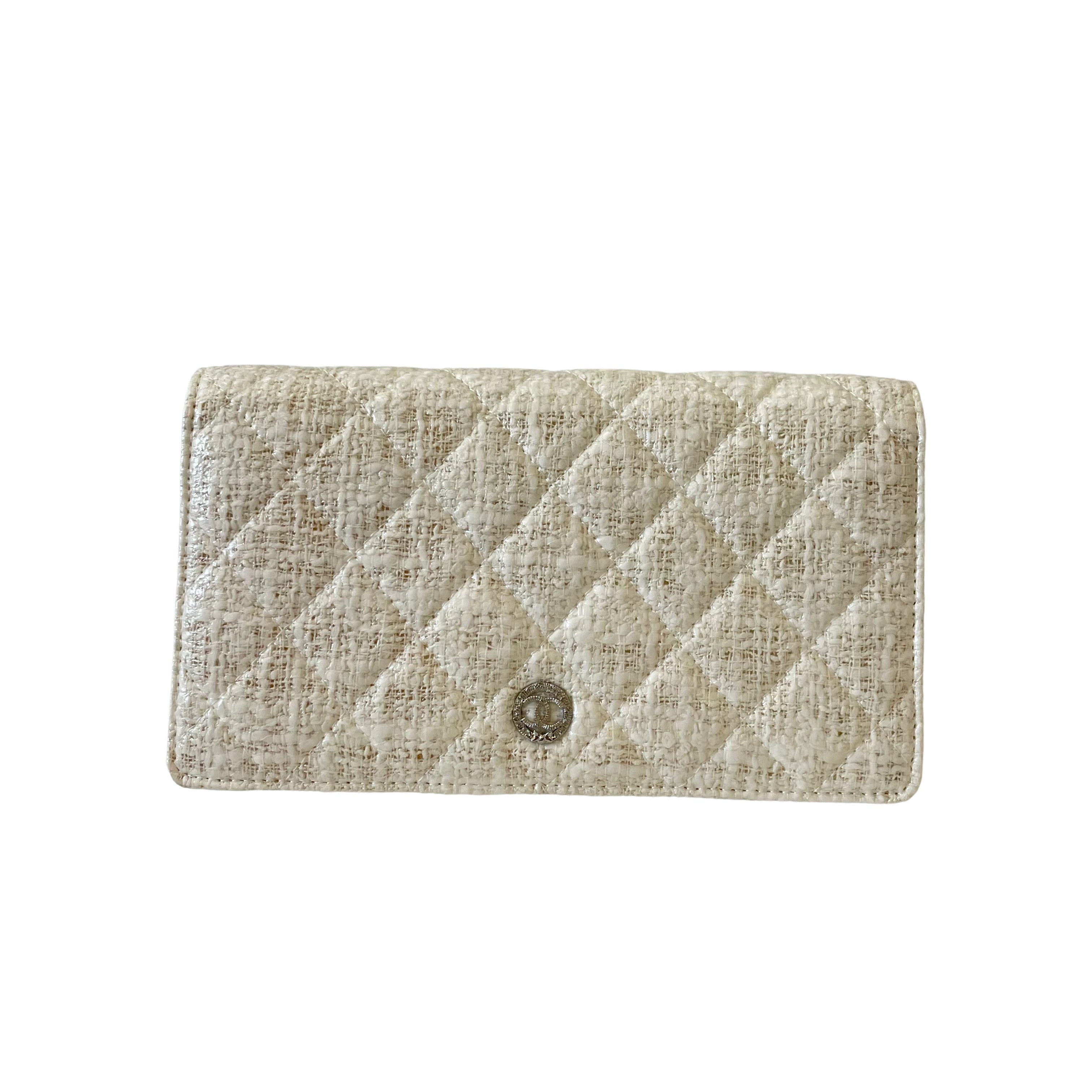 Chanel Tweed Quilted Flap Wallet White