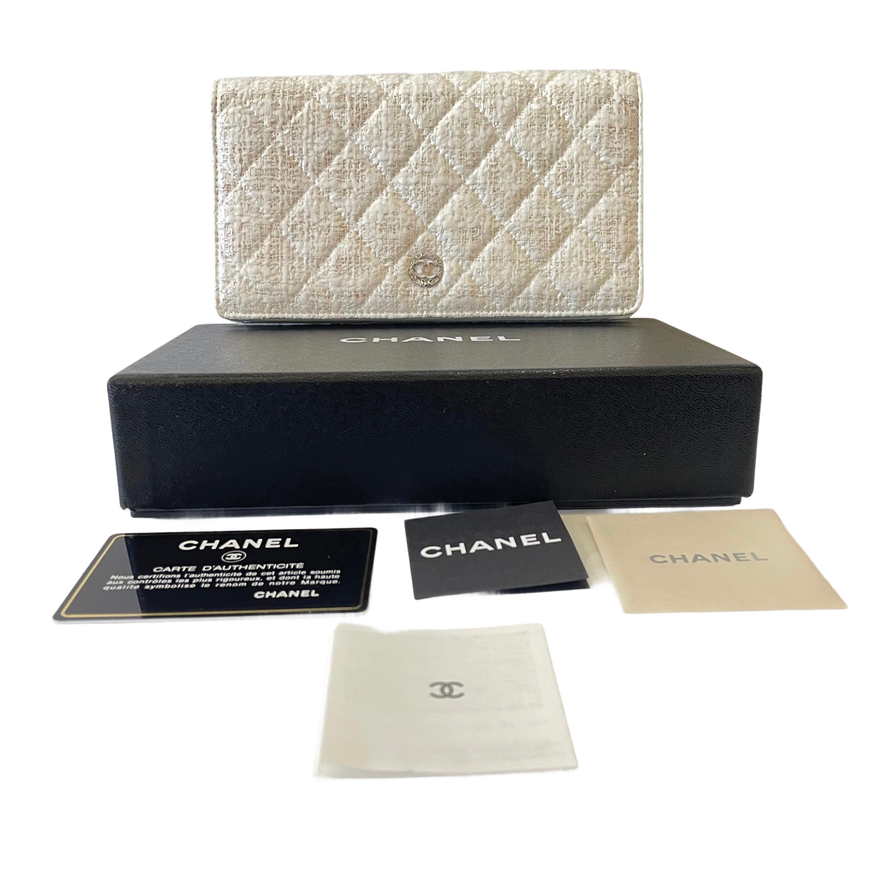Chanel Tweed Quilted Flap Wallet White