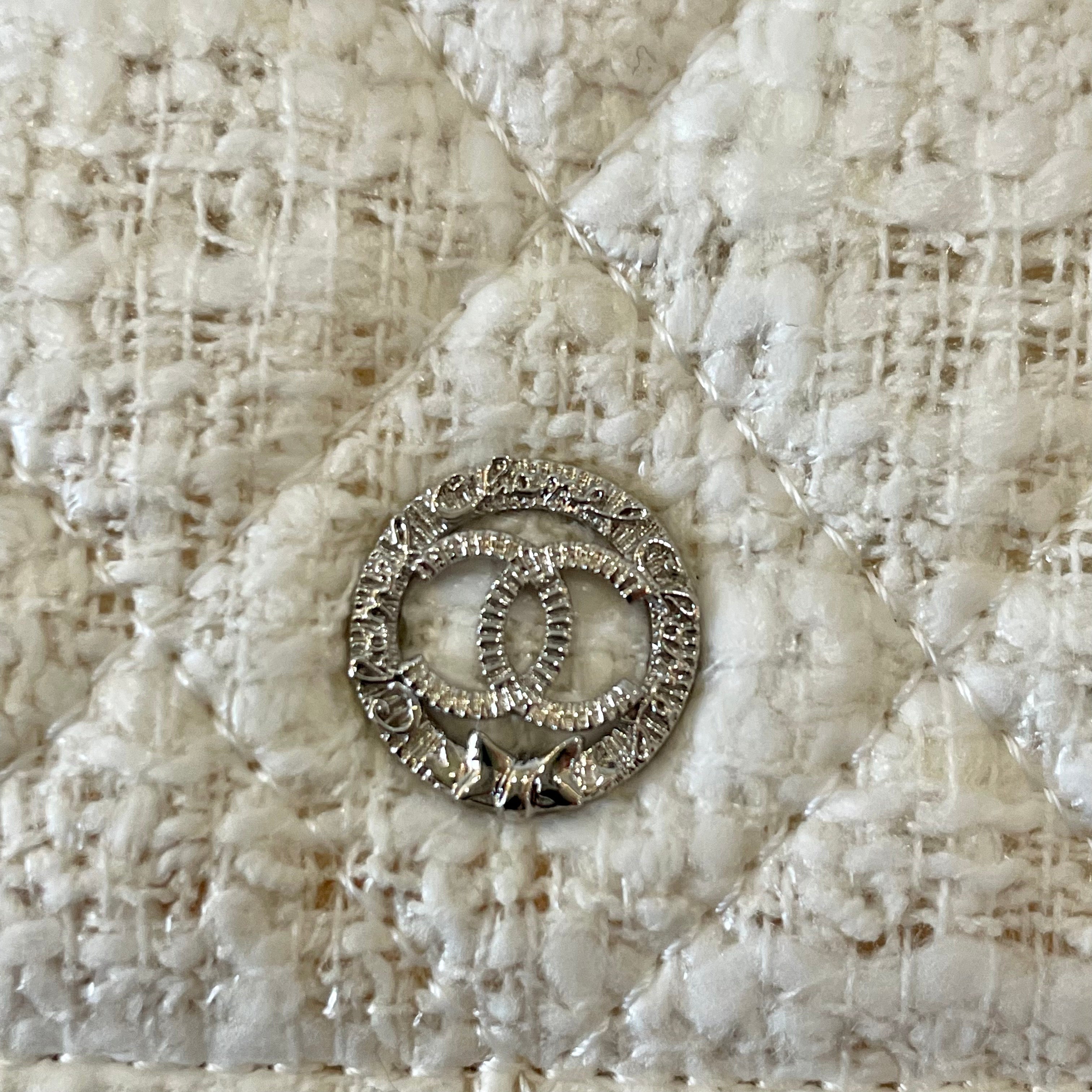 Chanel Tweed Quilted Flap Wallet White