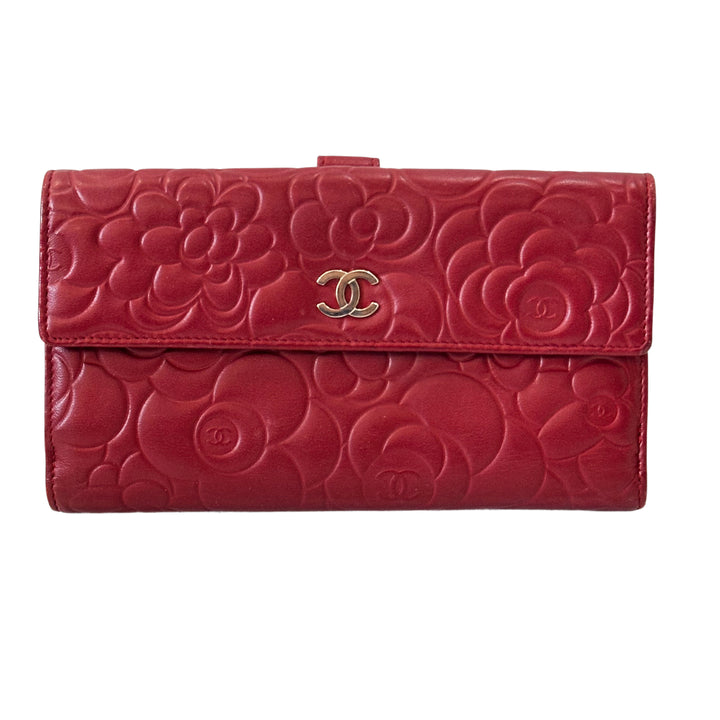 Chanel Camellia Embossed Flap Wallet Red