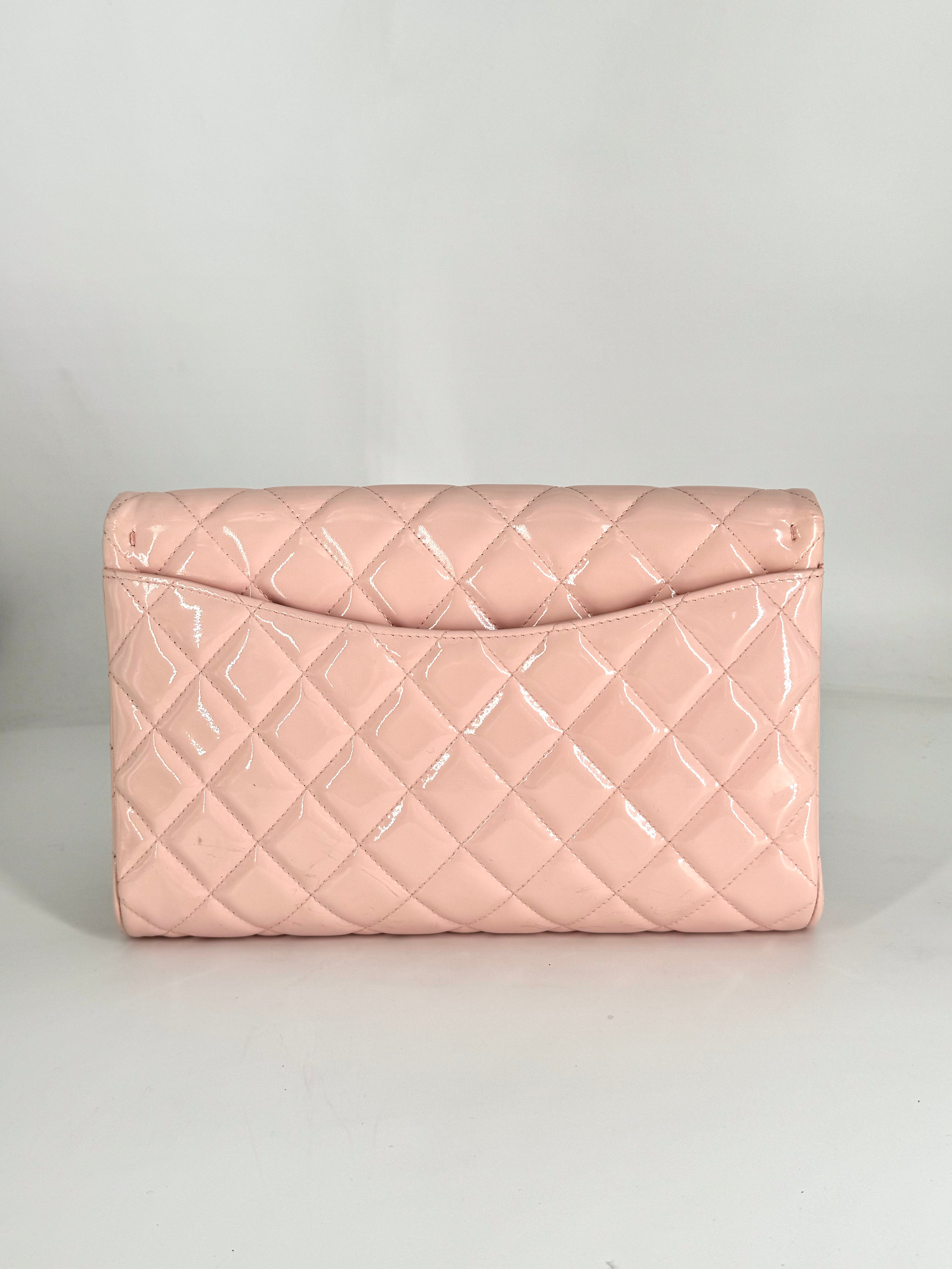 Chanel Classic Patent Quilted Clutch Light Pink