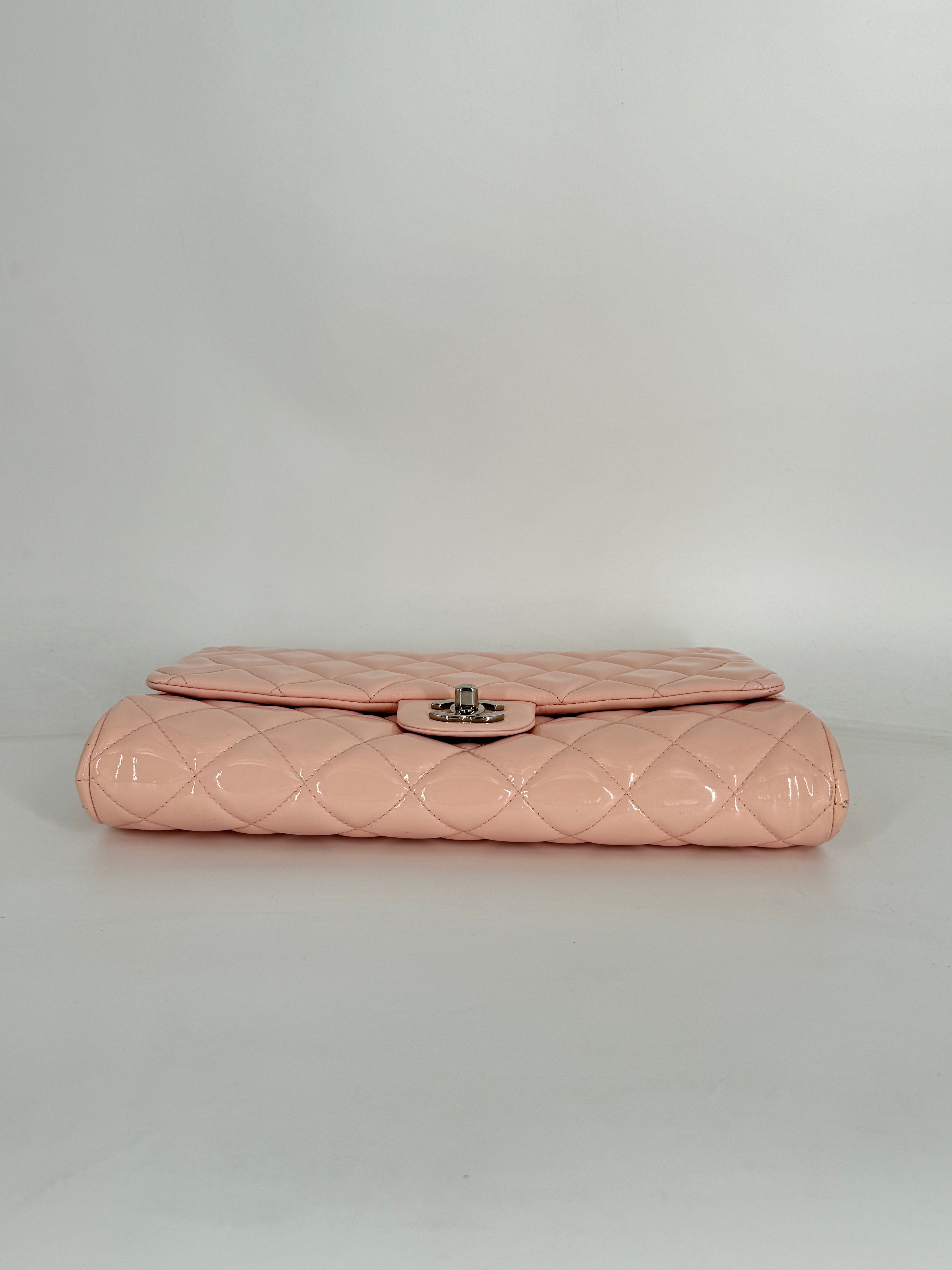 Chanel Classic Patent Quilted Clutch Light Pink