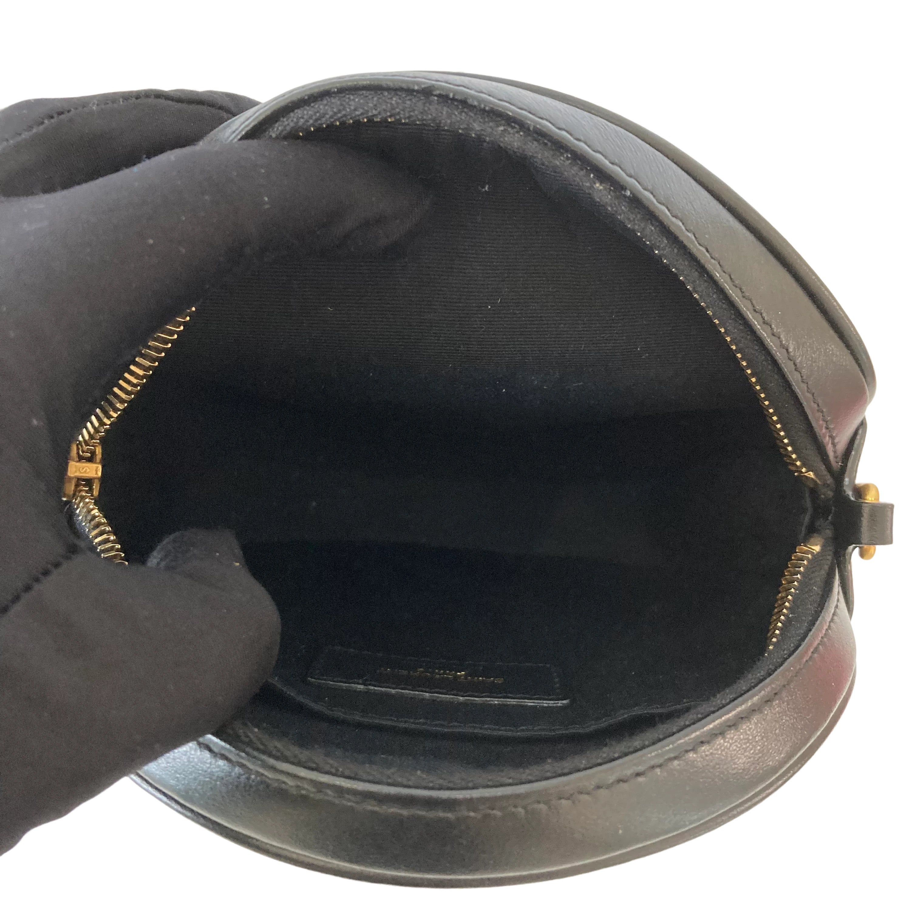 Saint Laurent Smooth Calfskin Suede Leopard Print Round Vinyle Camera Bag