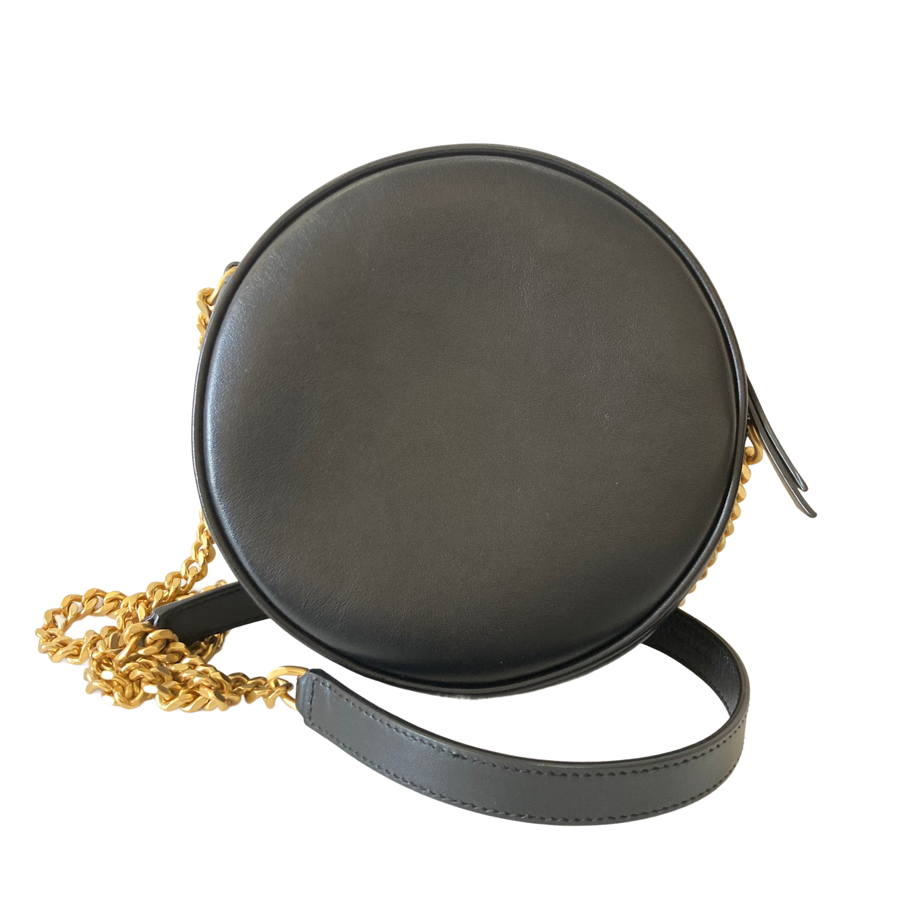 Saint Laurent Smooth Calfskin Suede Leopard Print Round Vinyle Camera Bag