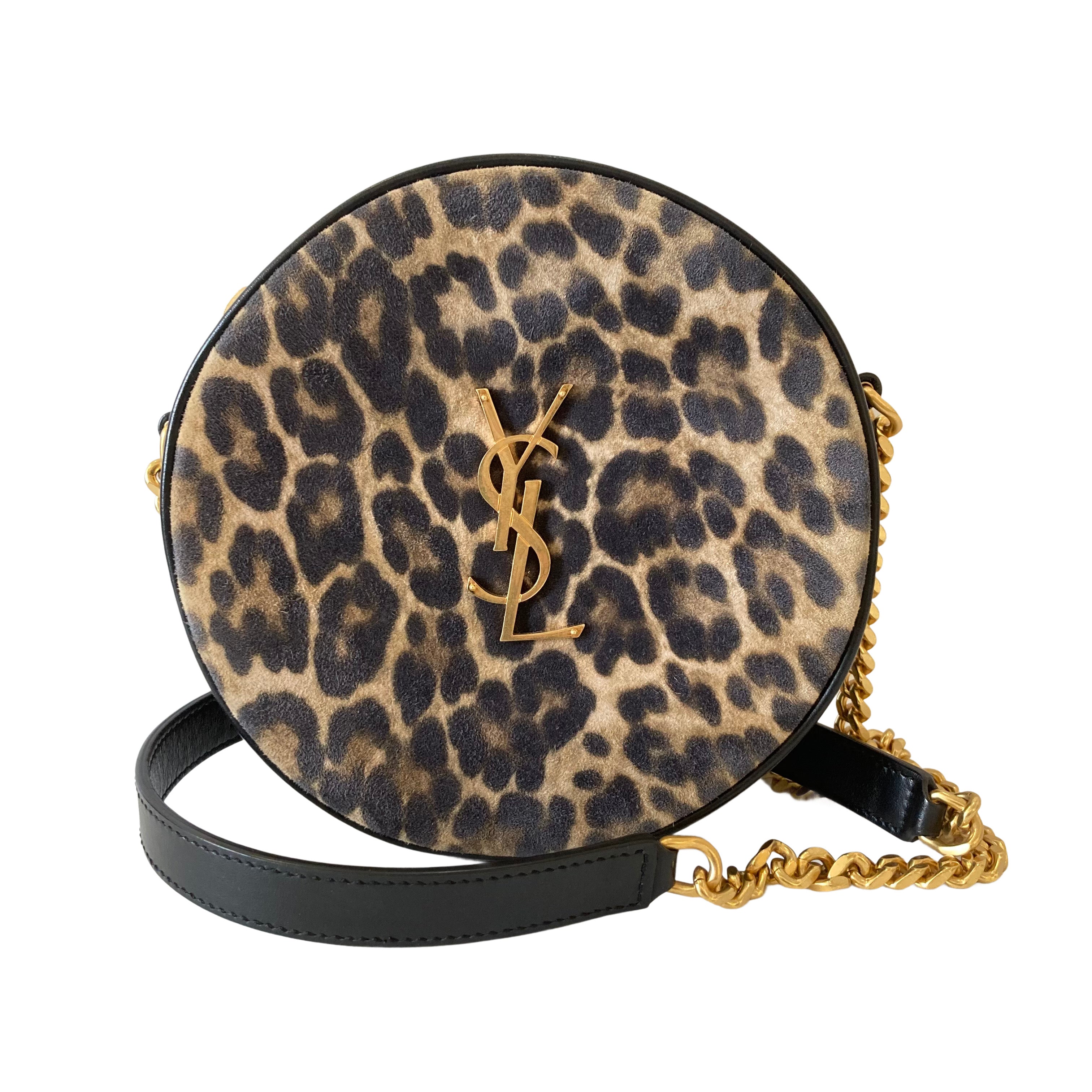 Saint Laurent Smooth Calfskin Suede Leopard Print Round Vinyle Camera Bag