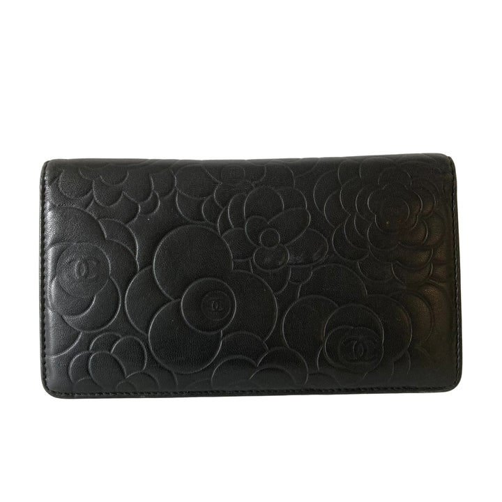 Chanel Lambskin Camellia Embossed Wallet Black