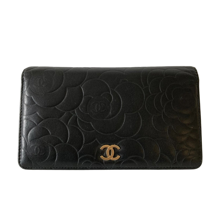 Chanel Lambskin Camellia Embossed Wallet Black