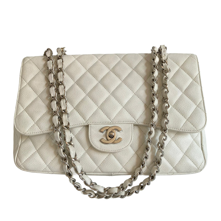 Chanel Caviar Jumbo Single Flap White SHW
