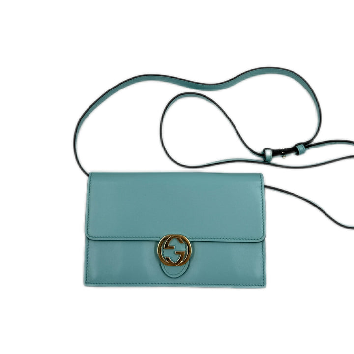 Gucci Marmont Super Mini Bag in a turquoise or light blue color