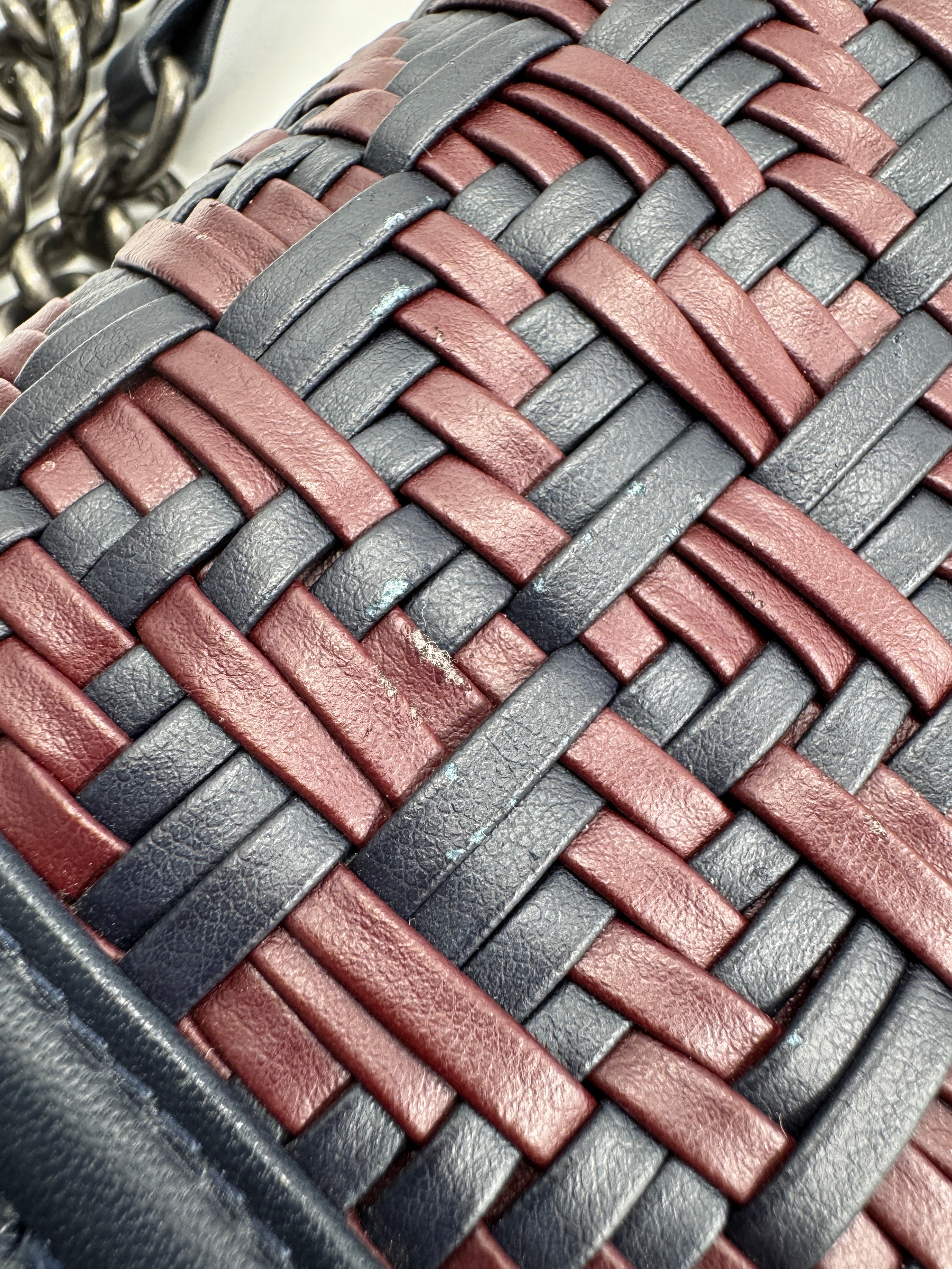 Chanel  Calfskin Woven Medium Boy Flap Blue Burgundy