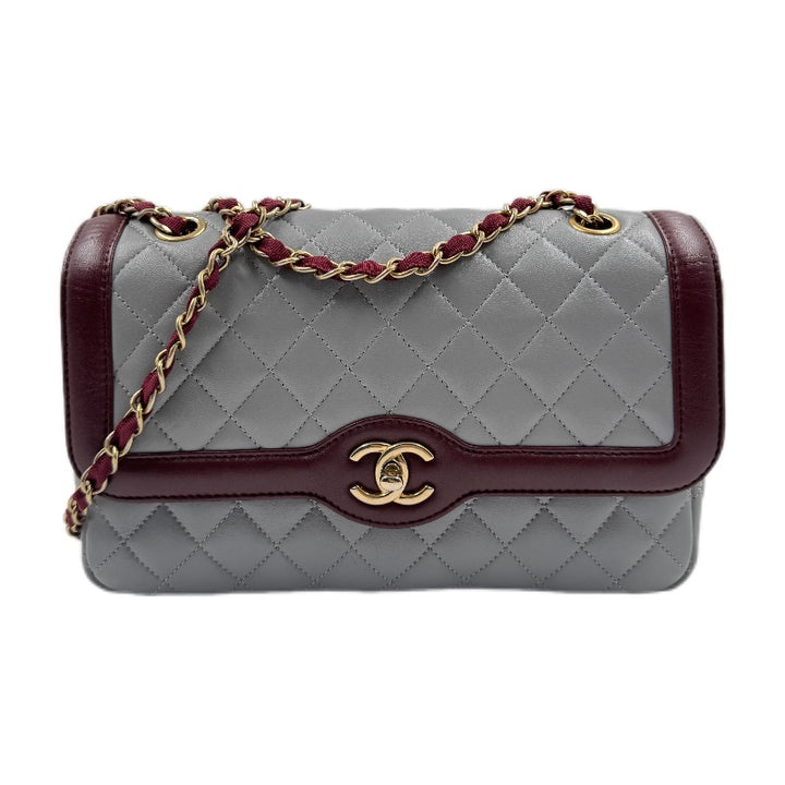 Chanel Lambskin Quilted Medium Two Tone Day Flap Grey Burgundy