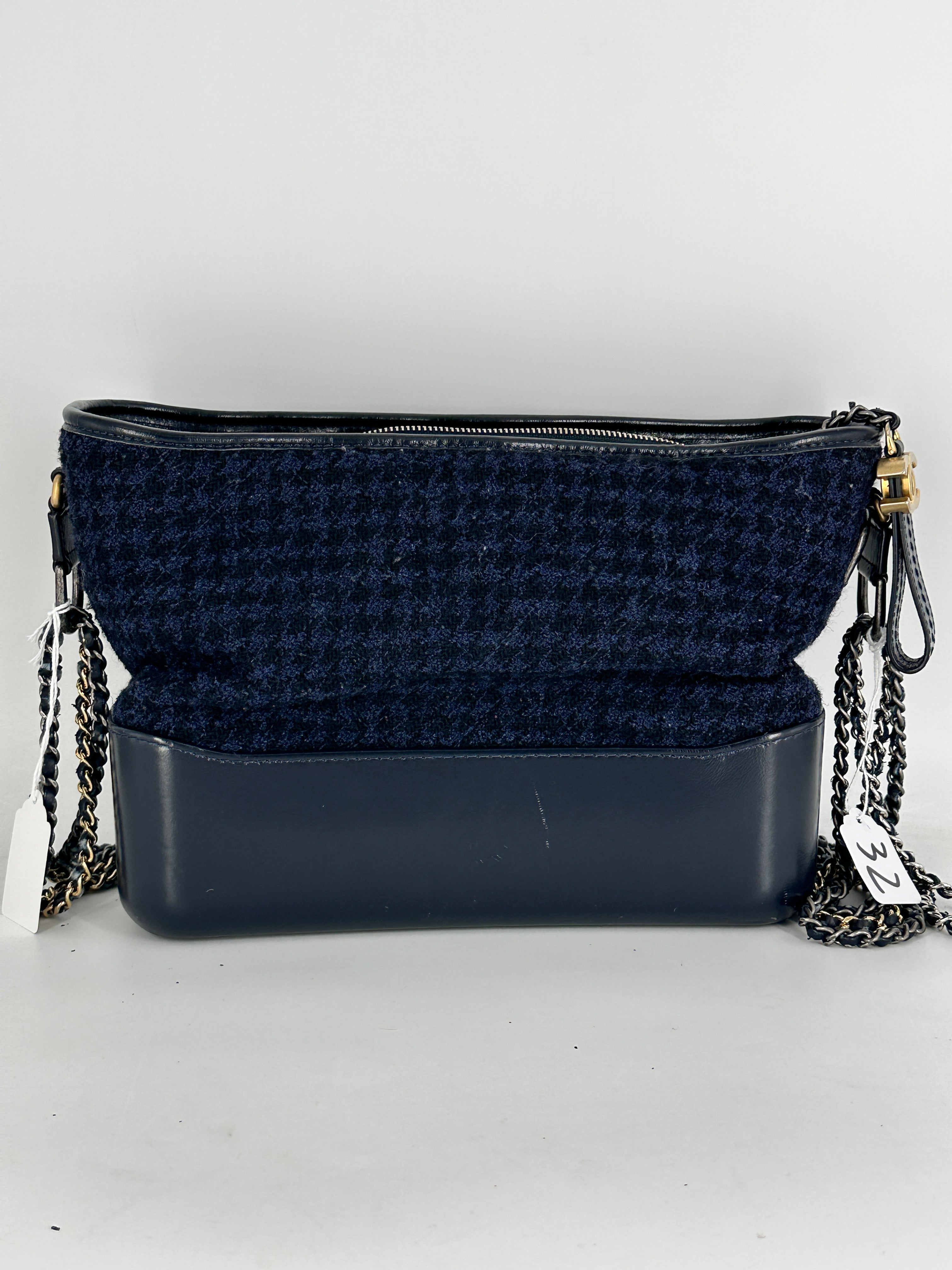 Chanel Tweed Calfskin Quilted Medium Gabrielle Hobo Black Blue