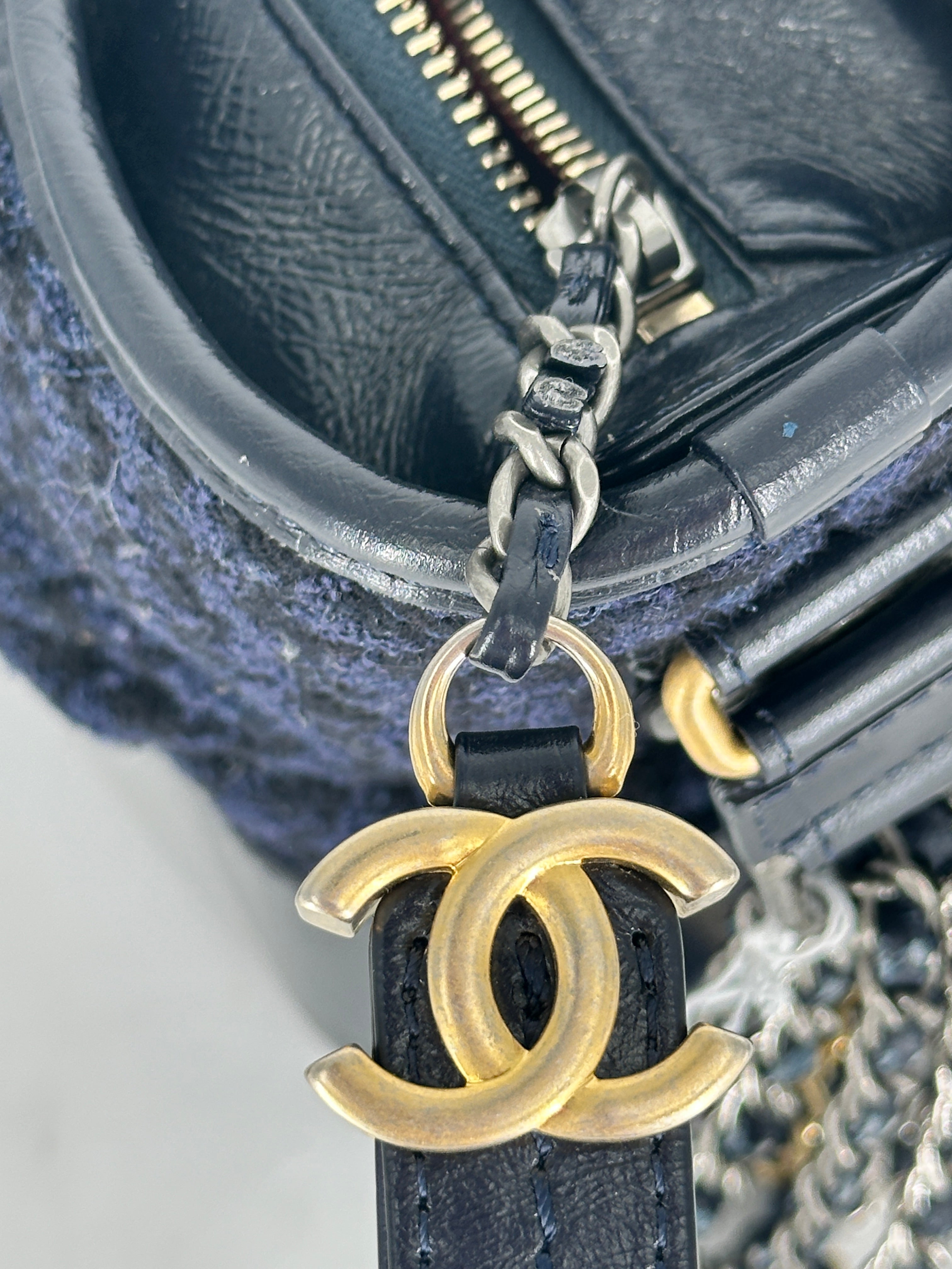 Chanel Tweed Calfskin Quilted Medium Gabrielle Hobo Black Blue