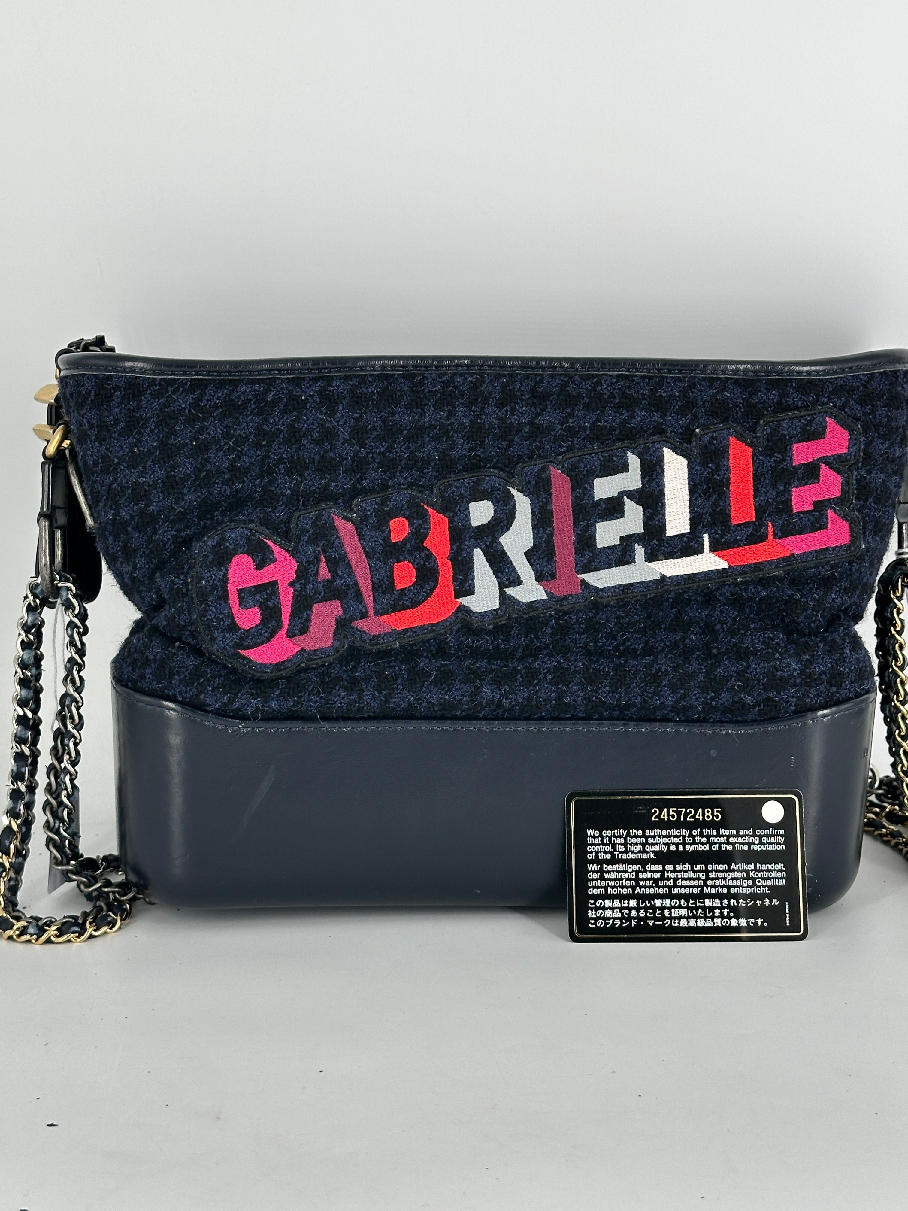 Chanel Tweed Calfskin Quilted Medium Gabrielle Hobo Black Blue