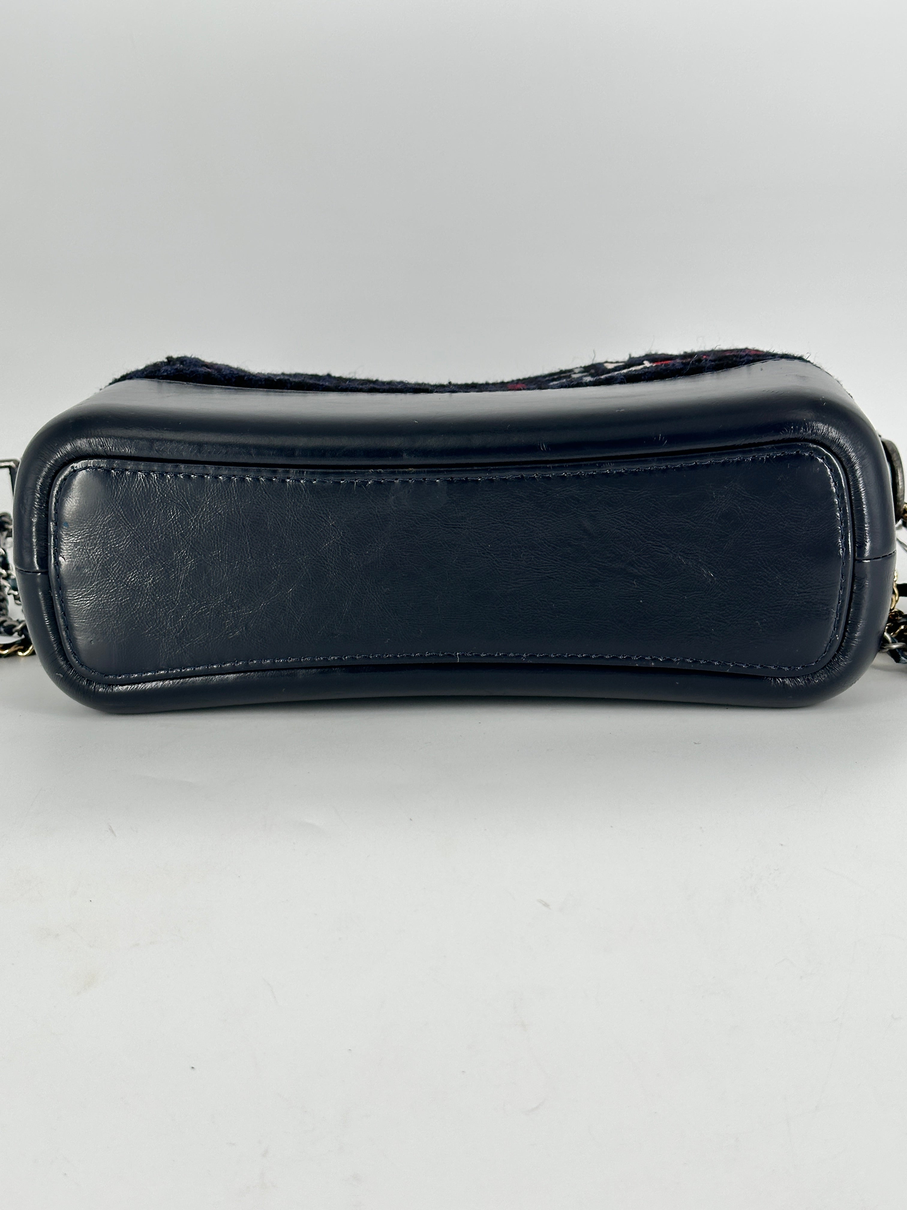 Chanel Tweed Calfskin Quilted Medium Gabrielle Hobo Black Blue