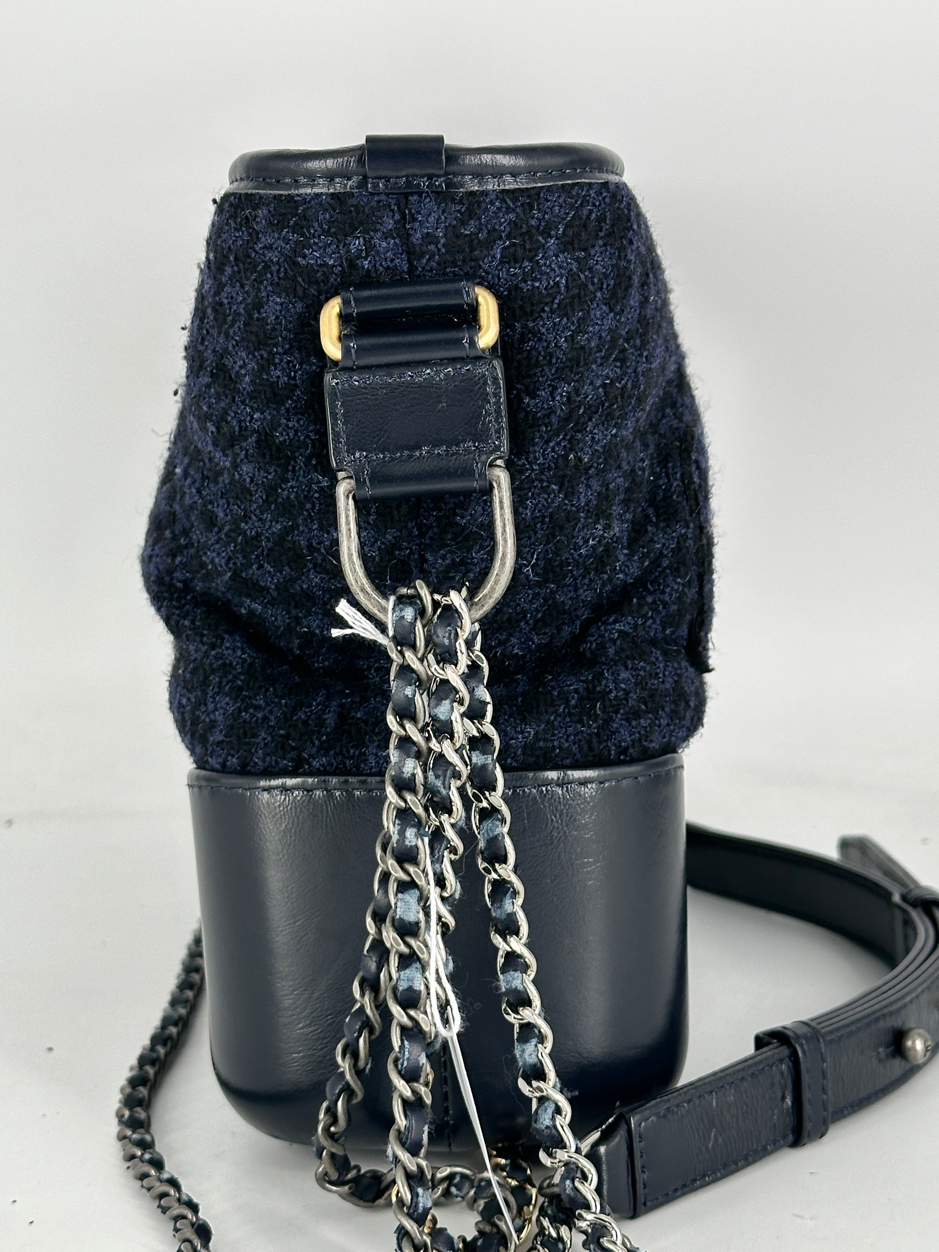 Chanel Tweed Calfskin Quilted Medium Gabrielle Hobo Black Blue