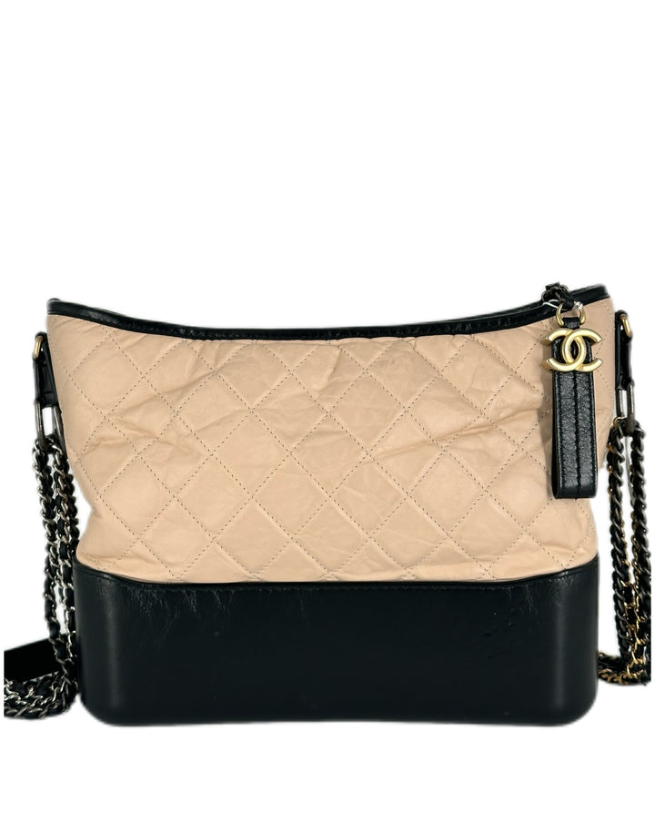 Chanel Calfskin Quilted Medium Gabrielle Hobo Black Beige （25***154）