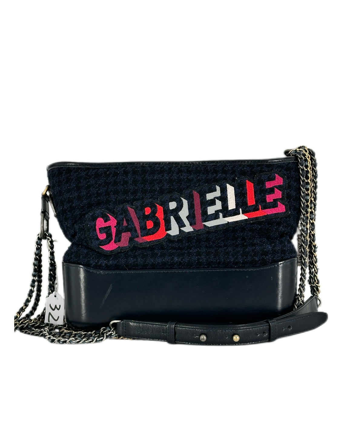 Chanel Tweed Calfskin Quilted Medium Gabrielle Hobo Black Blue