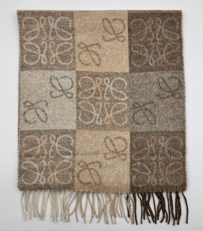 Loewe Printed Plaid Woolen Scarf in Beige LLS03